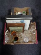 Two boxes of continental figurine, frame prints,