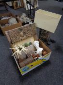 A box of Art Deco style dancer figures, painted bust of David, hardwood trinket box, relief panel,