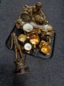 A tray of French spelter figure on wooden base,