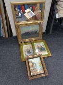 A gilt framed mirror, two book plates in cushion frames,