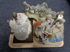 A tray of continental flower encrusted vase, pottery figure group of chess players,