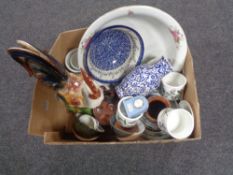A box of china to include Portmeirion pot, figure of a cockerel,
