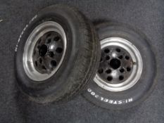 Two pepper pot 10 inch alloy wheels with tyres