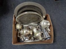 A box of 20th century plated wares to include serving trays, embossed tray,