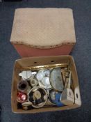 A pink loom storage stool together with a box of Denby ramekins, dressing table pieces,