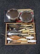 A tray of boxed an unboxed cutlery, plated Art Deco cake slice,