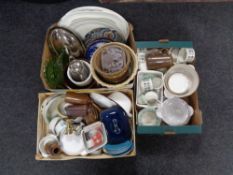 Three boxes to include Royal Doulton tapestry tea china, meat plates, oven dishes,