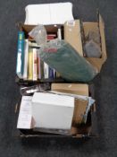 Three boxes of books, pictures, shower heads,