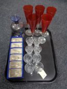 A tray of antique and later glass, decanter,