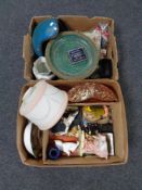 Two boxes of carnival glass bowl, vintage crash helmet, Wade money box,