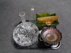 A tray of glass, carnival glass bowls, Art Deco trough with green glass liner,