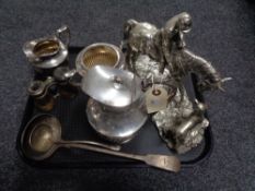 A tray of twentieth century plated wares, three piece tea service, soup spoon,