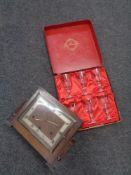 An oak cased Art Deco coronet mantel clock set of six Polish crystal glasses