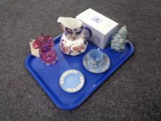 A tray of boxed Lladro Christmas tree, Wedgwood blue and white jasper ware, Ironstone jug,