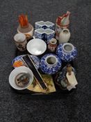 A tray of Oriental wares, figurine of a man,