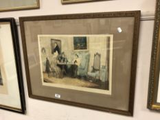 A hand coloured engraving after Dendy Sadler, Scandal and Tea,