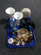 A tray of assorted china, Poole dolphins, Aynsley mantle clock, Wade whimsies,