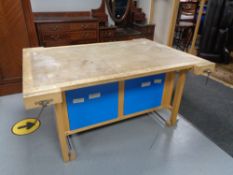 An Lervad school wood working bench fitted with internal drawers and four vices