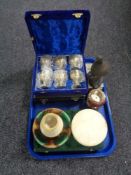 A tray of cased goblet, onyx table box, composite figure of a pheasant,