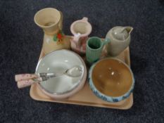 A tray of assorted china and pottery - Susie Cooper coffee pot, Deco pottery vase,