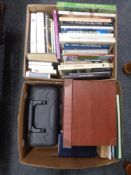 Two boxes of artist's box, faux leather storage boxes, assorted books,