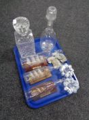 A tray of assorted glass ware - three ships in bottles, whiskey decanters,