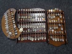 Three wooden teaspoons stands of crested teaspoons