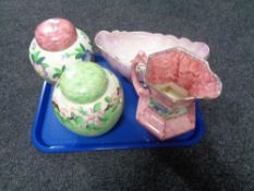 Five pieces of Maling to include peony rose shallow dish, jug,