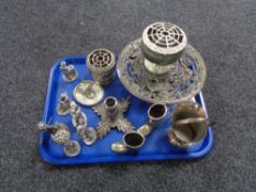 A tray of plated wares - rose bowl, butter dish, flower holder, Hudson pewter figures,