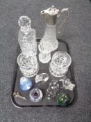 A tray of glass ware, claret jug, Edinburgh crystal Whisky decanter, candle holders,
