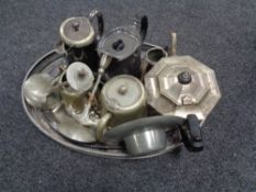 A quantity of twentieth century plated wares, tea services, gallery tray,