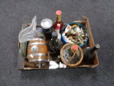 A box of alcohol to include port, Old Smuggler scotch whiskey, miniatures,