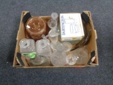 A box of assorted glass ware - dessert set, decanters, drinking glasses,