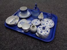 A tray of Royal Copenhagen and B& G blue and white china, cup and saucer, miniature vases,