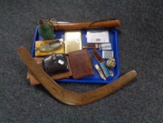 A tray of truncheon's, boomerangs, pocket lighters, precision measure, cigarette cases,