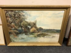 Henry Charles Fox (1860 - 1929) : A gentleman fishing from a punt on a calm river with ducks and