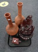 A tray of carved hardwood figure - Eastern god on stand, carved table box,