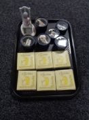 A tray of six boxed Coalport miniature collector's plates together with six boxed china christmas