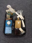 A tray of leather cased travel clock, hardwood elephants, painted cast iron door stop - ducks,