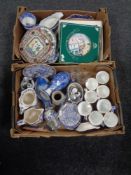 Two boxes of assorted china including wall plates, Ringtons mugs,