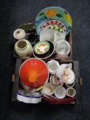 Three boxes of china, meat plate, water jug, tagine, oven dishes,