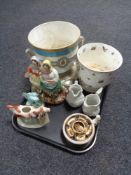 A tray of antique and later china - Staffordshire flat back figure, pair of Portmeirion jugs,