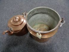 An antique copper swing handled cooking pot and kettle