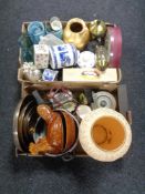 Two boxes of china, Ringtons caddies, boxed coffee set, glass jug,