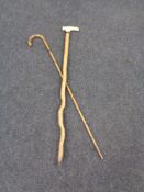 A bamboo walking stick together with one other stick