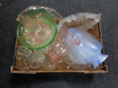 A box of glass ware, art glass vase, wine glasses, fruit bowls,
