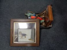 A box of walking sticks, Edwardian canteen, glass ware,