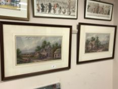 A pair of colour prints depicting figures by a cottage