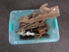A box of vintage wood working planes, hand pull beer pump,