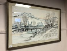 W. H. Park : figures on a bridge, watercolour, signed, framed.